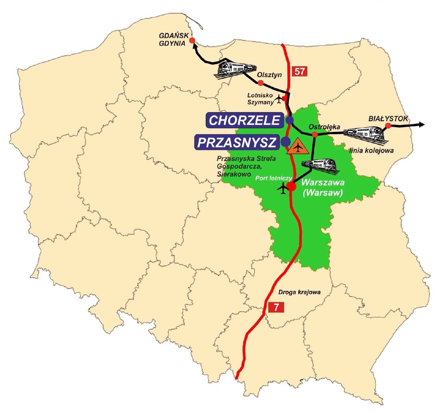 Uproszczona mapa administracyjna Polski z zaznaczonym na zielono Mazowszem, miastami Przasnyszem i Chorzelami oraz najważniejszymi traktami komuniakcyjnymi
