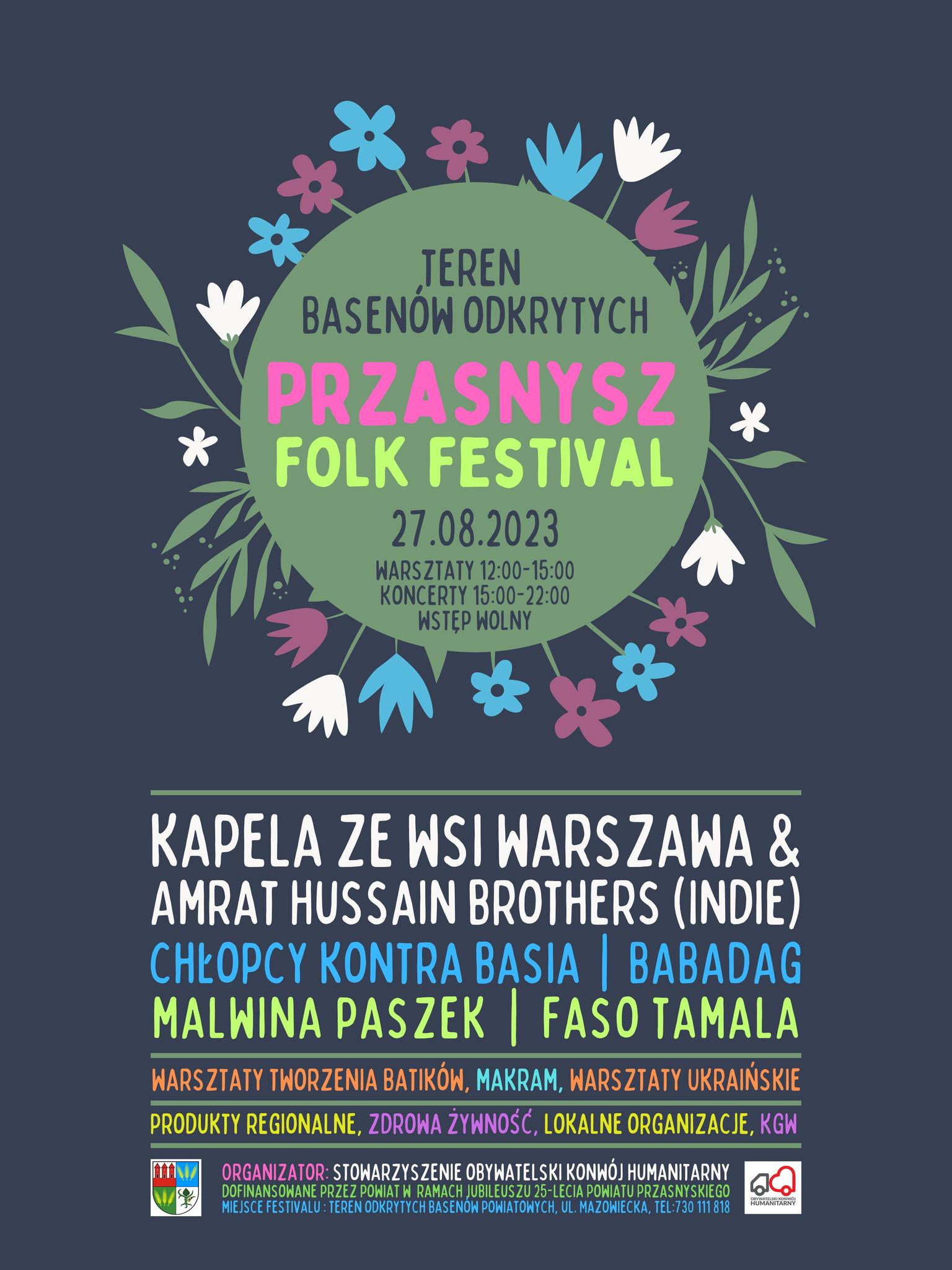Plakat zapraszający do udziału Przasnysz Folk Festival. Treść w artykule.