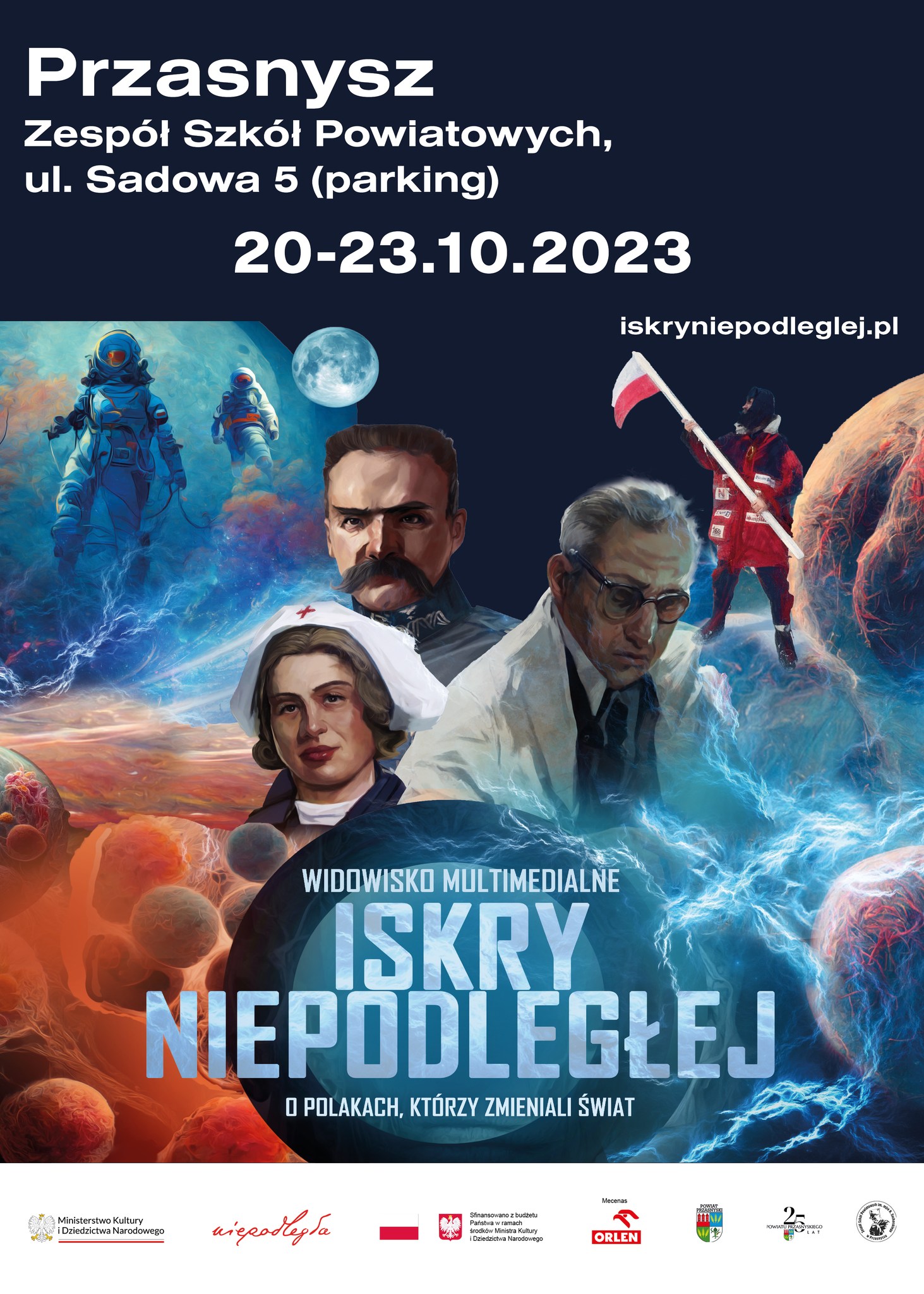 plakat zaproszenie na spektakl Iskry Niepodległej w Przasnyszu. treść w artykule 