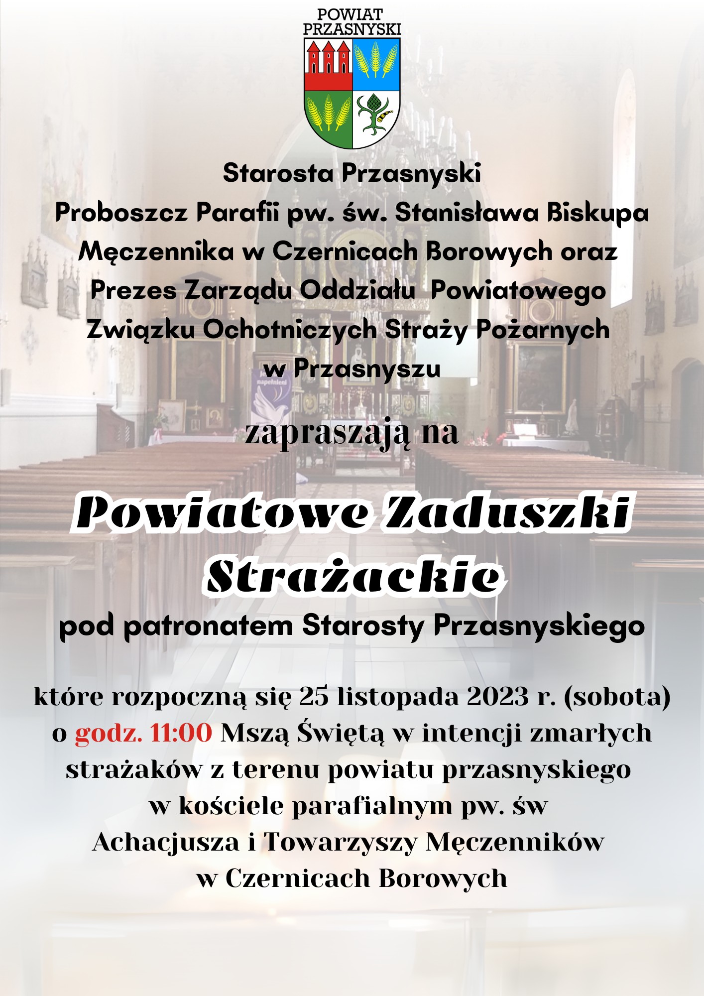 Plakat informujący o Powiatowych Zaduszkach Strażackich. Treść w artykule.