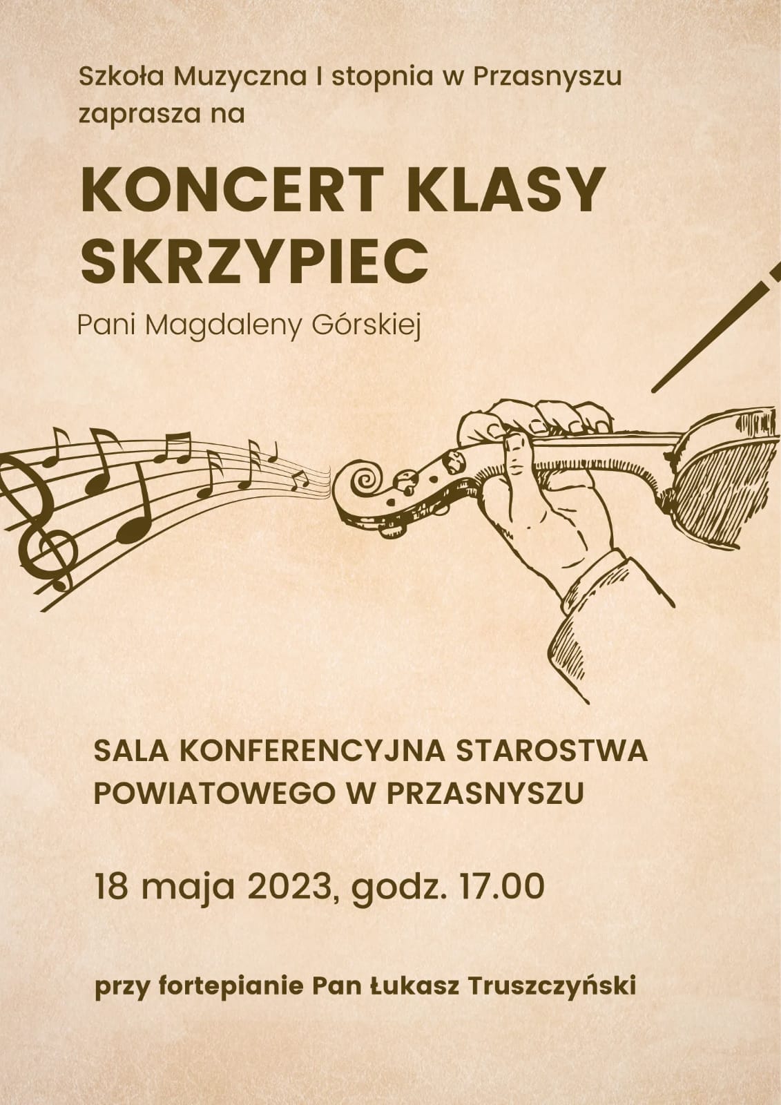 Zaproszenie na koncert klasy skrzypiec w formie plakatu. Treść w artykule.