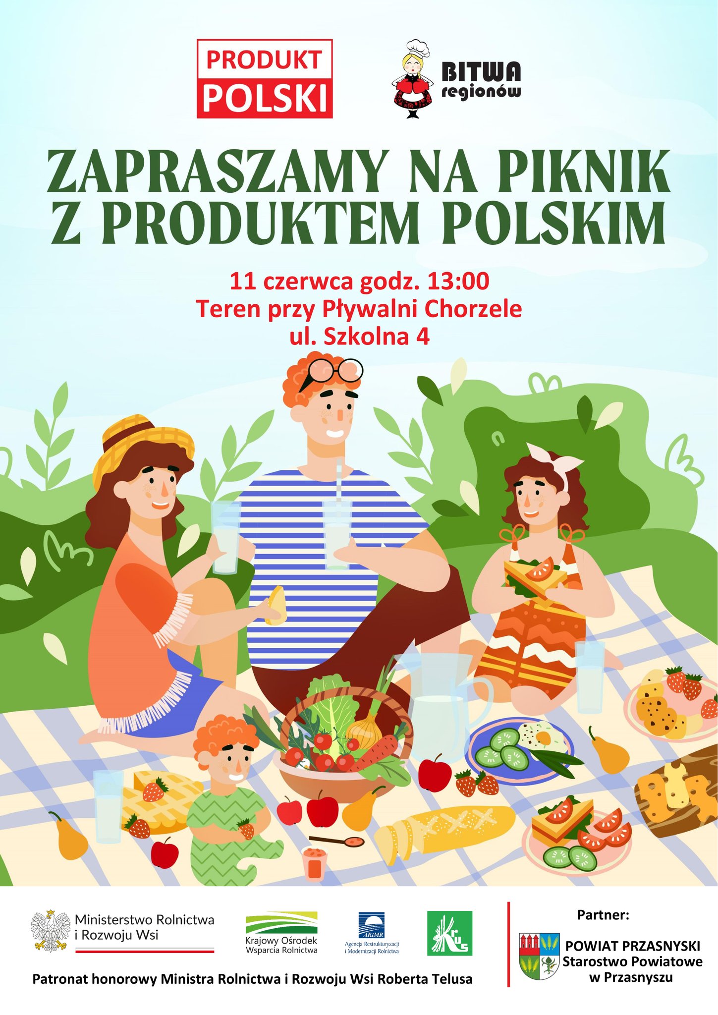Plakat zaproszenie na piknik z produktem polskim. Treść w artykule.