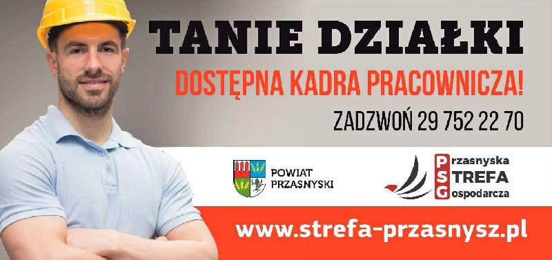 Banner reklamujący ofertę Przasnyskiej Strefy Gospodarczej w Chorzelach